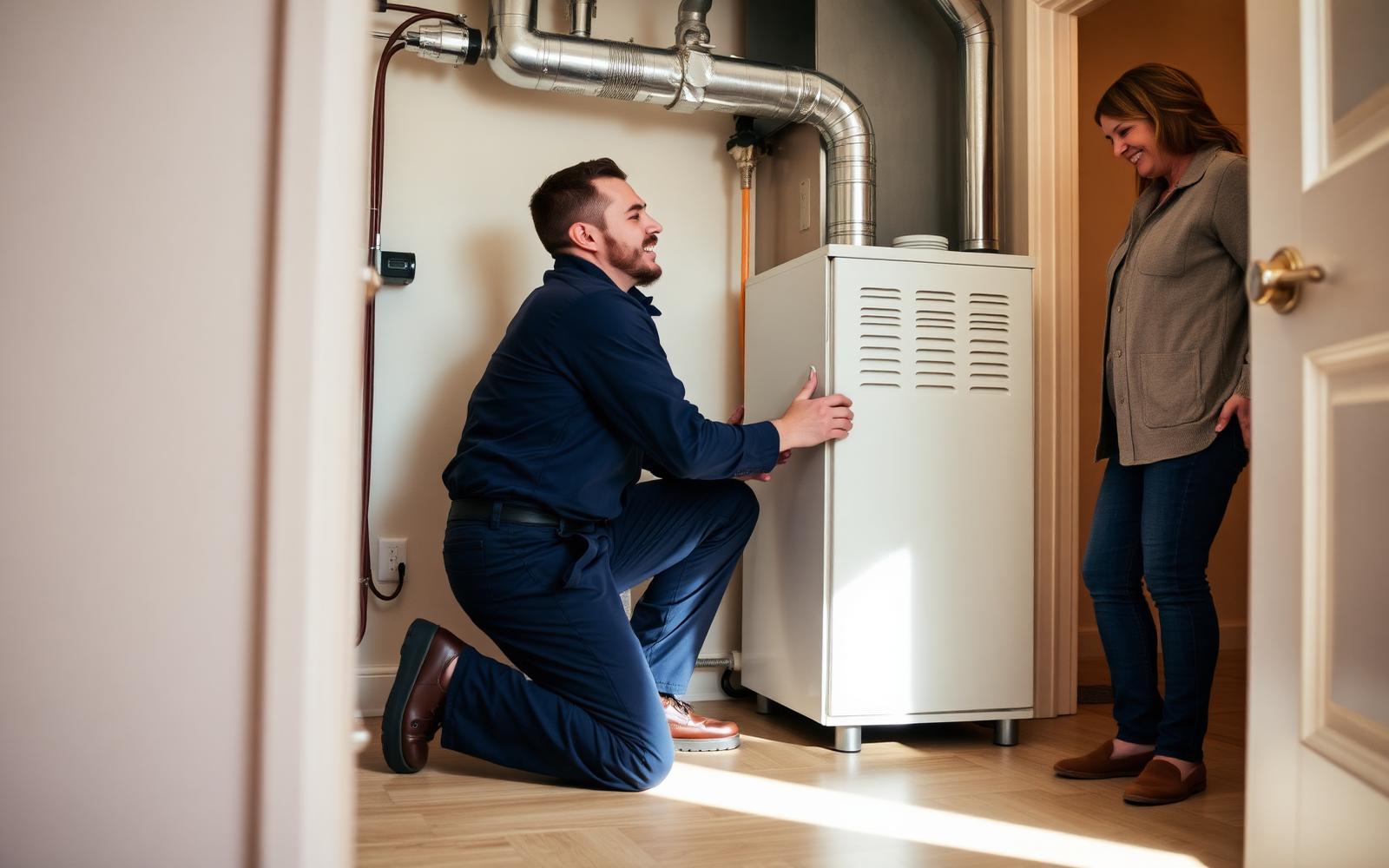 HVAC technician servicing a furnace in a home utility room