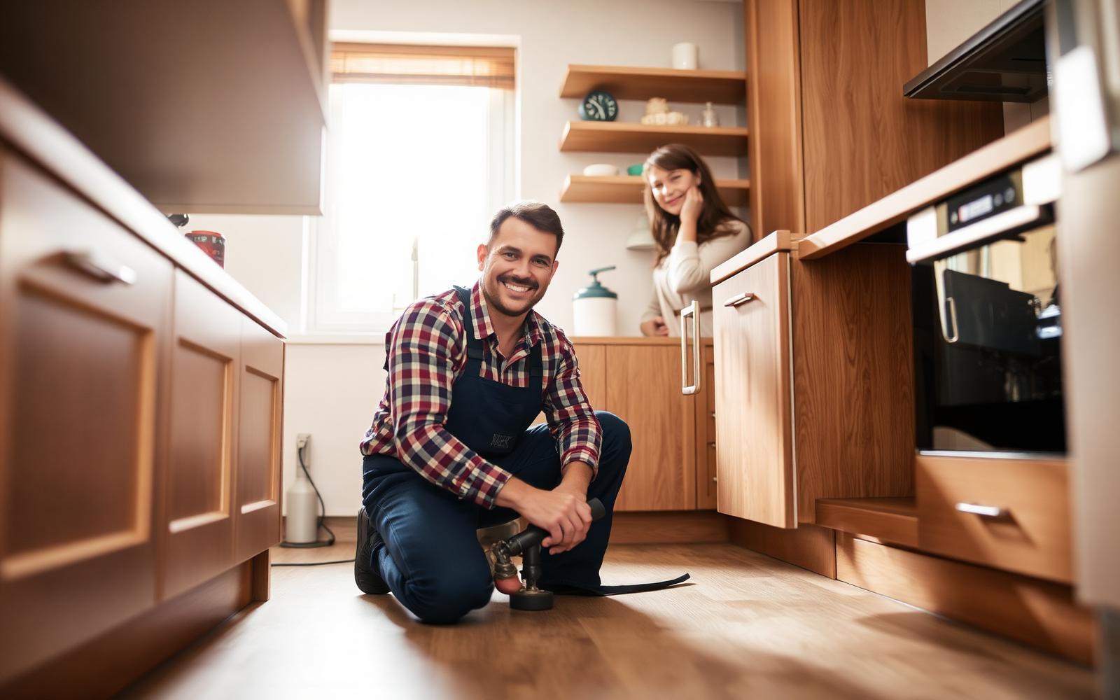 Plumber repairing a leak under a kitchen sink while the homeowner watches